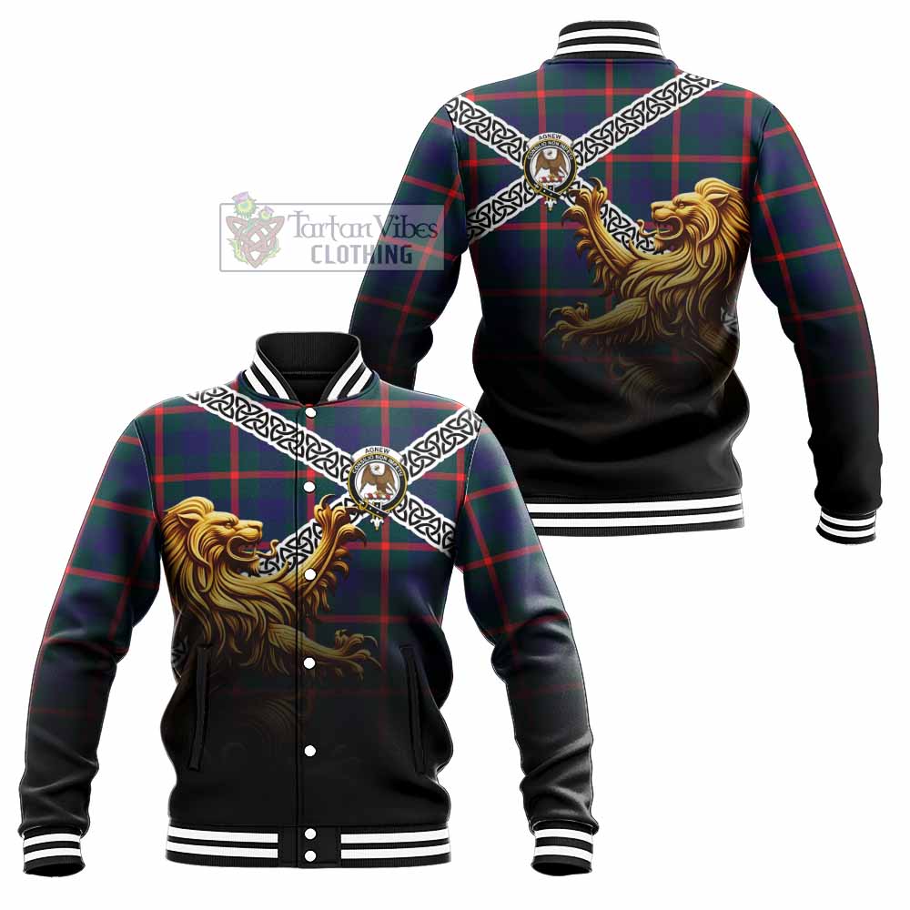 Tartan Vibes Clothing Agnew Crest Tartan Baseball Jacket with Golden Lion Emblem Celtic Style