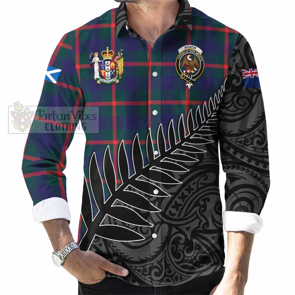 Tartan Vibes Clothing Agnew Crest Tartan Long Sleeve Button Shirt with New Zealand Silver Fern Half Style