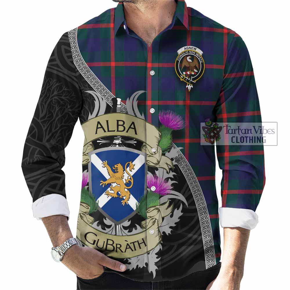 Tartan Vibes Clothing Agnew Tartan Family Crest Long Sleeve Button Shirt Lion Rampant Royal Thistle Shield Celtic Inspired