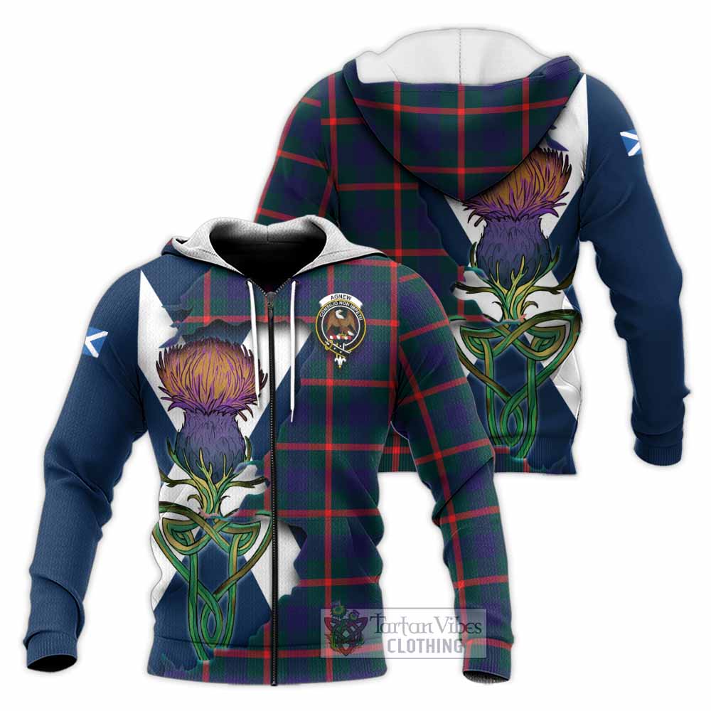 Tartan Vibes Clothing Agnew Tartan Family Crest Knitted Hoodie Scottish Thistle Celtic Inspired