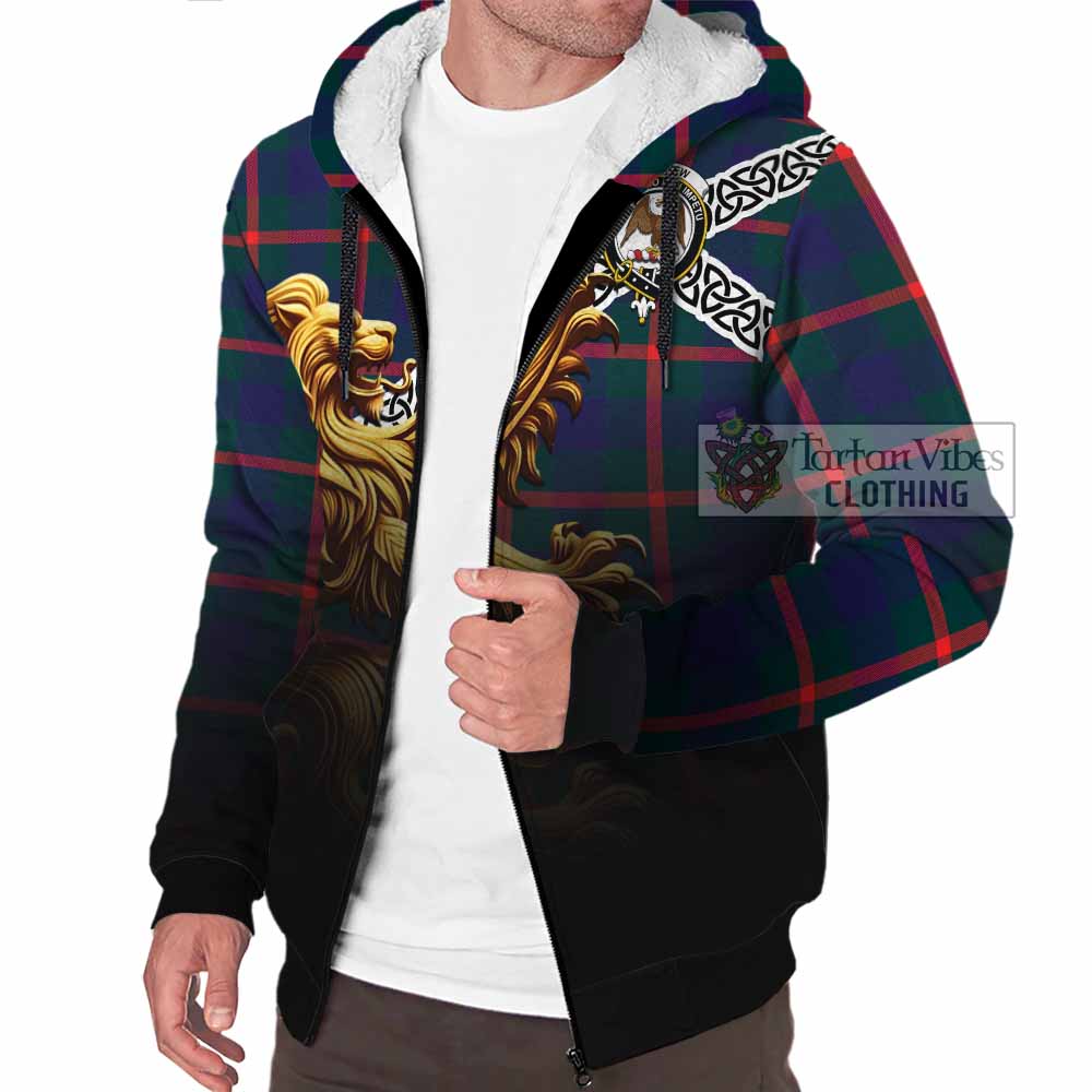 Agnew Crest Tartan Sherpa Hoodie with Golden Lion Emblem Celtic Style - Tartan Vibes Clothing