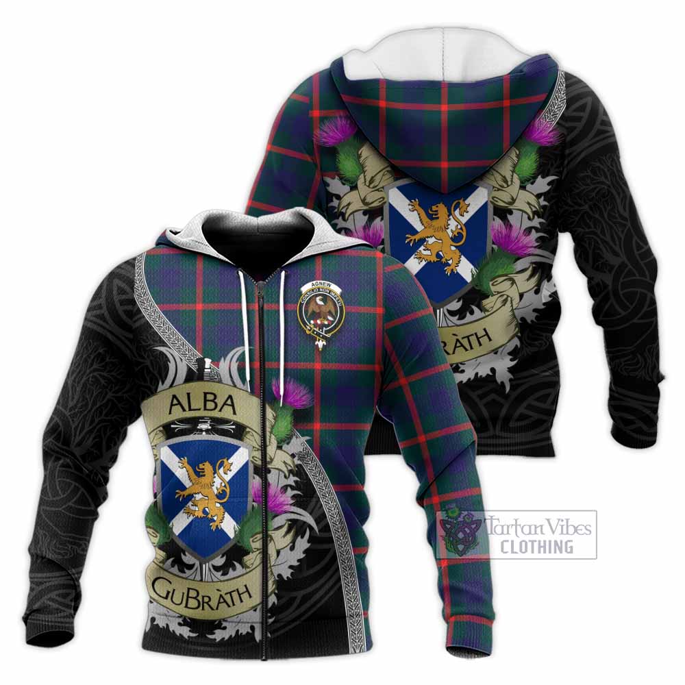 Tartan Vibes Clothing Agnew Tartan Family Crest Knitted Hoodie Lion Rampant Royal Thistle Shield Celtic Inspired