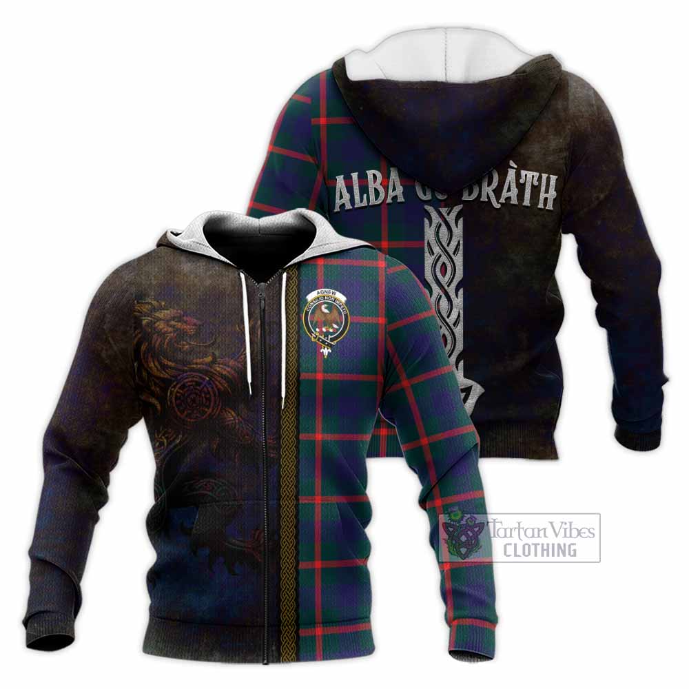 Tartan Vibes Clothing Agnew Tartan Family Crest Knitted Hoodie Alba Gu Brath Be Brave Lion Ancient Style