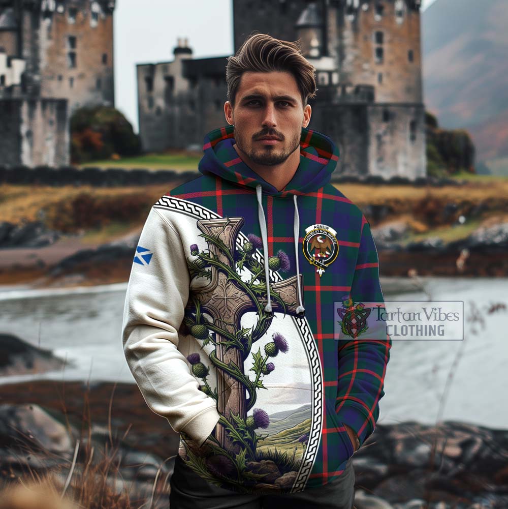 Tartan Vibes Clothing Agnew Tartan Cotton Hoodie with Family Crest and St. Andrew's Cross Accented by Thistle Vines