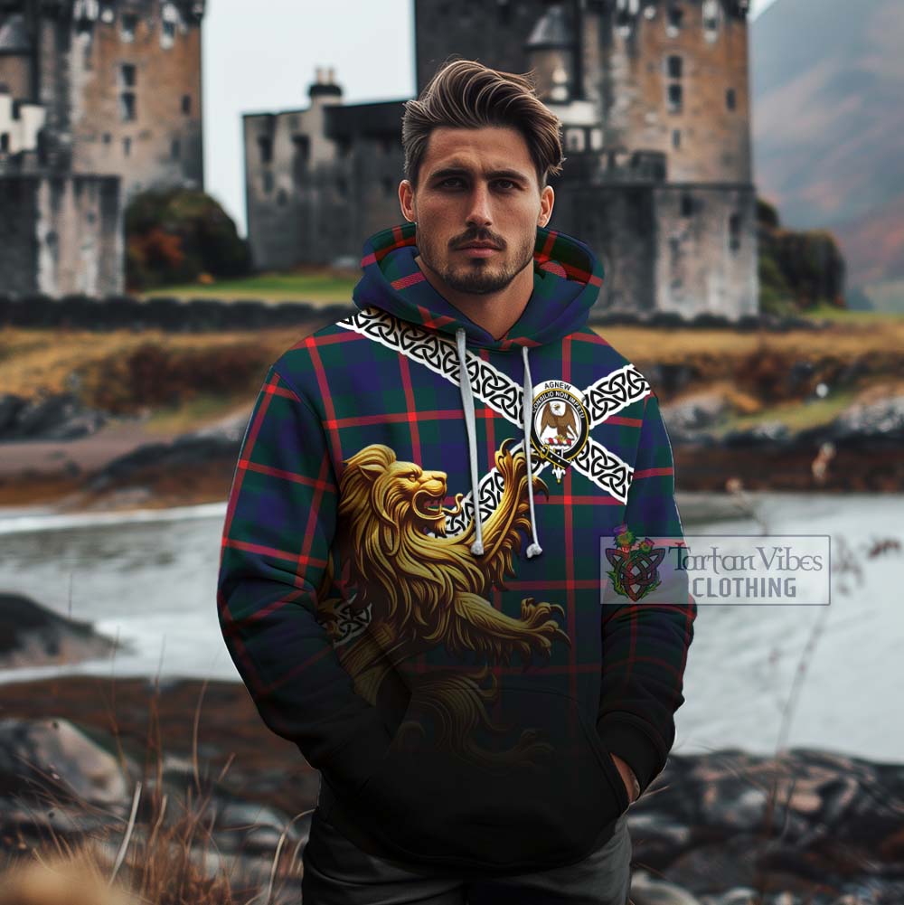 Tartan Vibes Clothing Agnew Crest Tartan Cotton Hoodie with Golden Lion Emblem Celtic Style