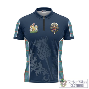 Agnew Ancient Tartan Zipper Polo Shirt with Family Crest and Scottish Thistle Vibes Sport Style