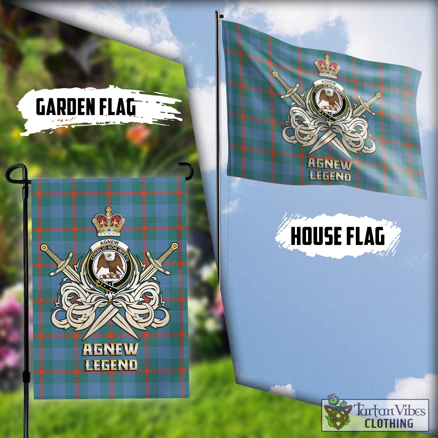 Tartan Vibes Clothing Agnew Ancient Tartan Flag with Clan Crest and the Golden Sword of Courageous Legacy