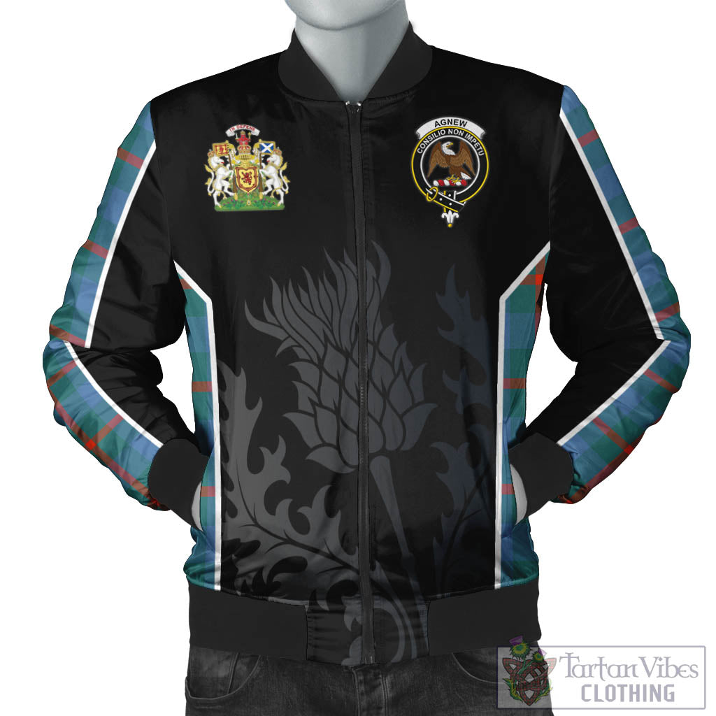 Tartan Vibes Clothing Agnew Ancient Tartan Bomber Jacket with Family Crest and Scottish Thistle Vibes Sport Style