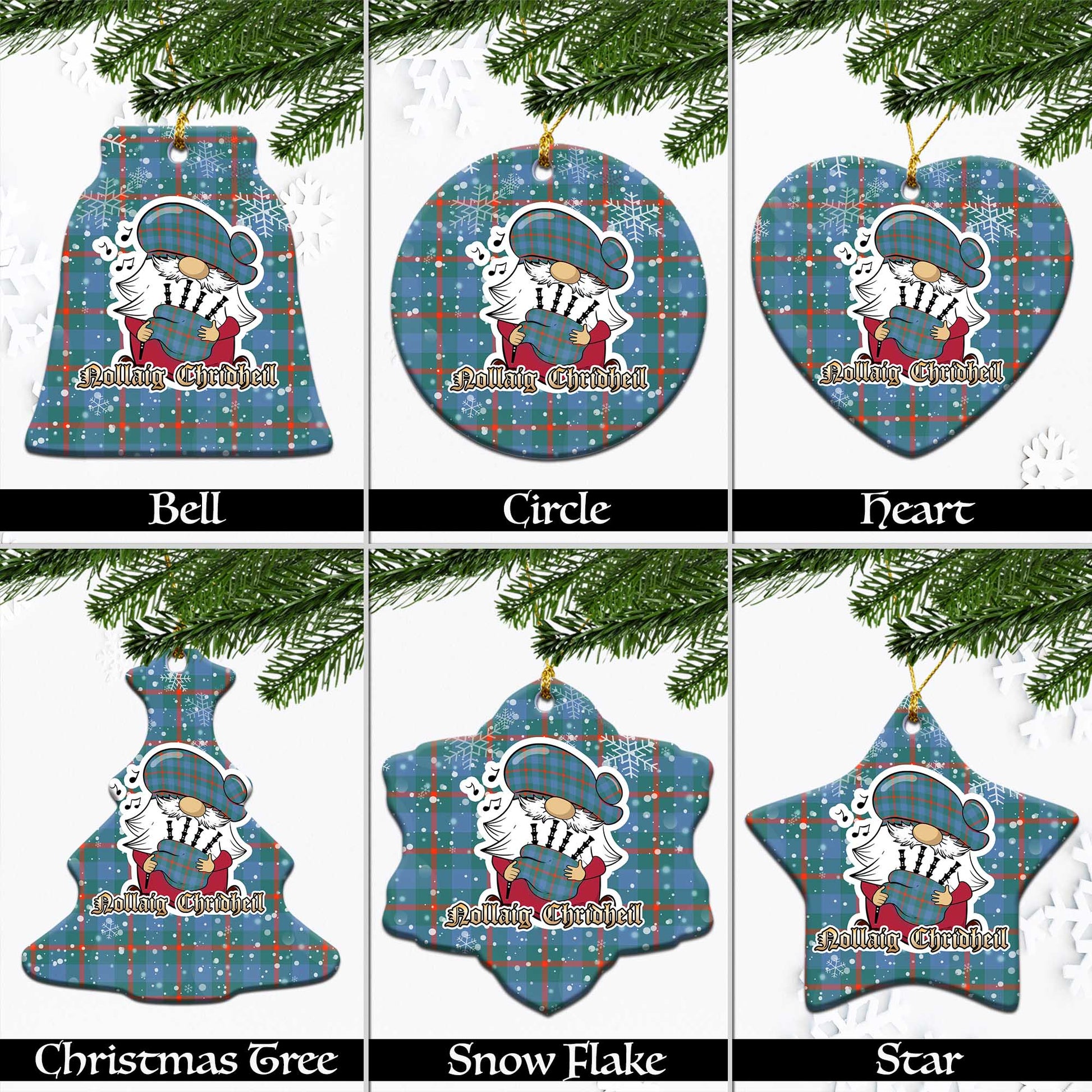 Agnew Ancient Tartan Christmas Ornaments with Scottish Gnome Playing Bagpipes Ceramic - Tartanvibesclothing