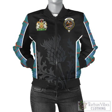 Agnew Ancient Tartan Bomber Jacket with Family Crest and Scottish Thistle Vibes Sport Style