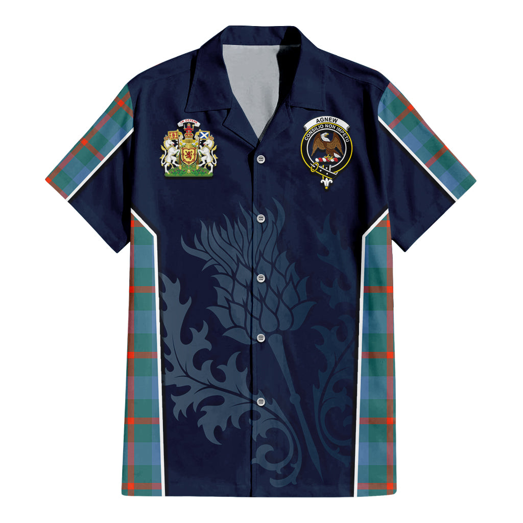 Tartan Vibes Clothing Agnew Ancient Tartan Short Sleeve Button Up Shirt with Family Crest and Scottish Thistle Vibes Sport Style