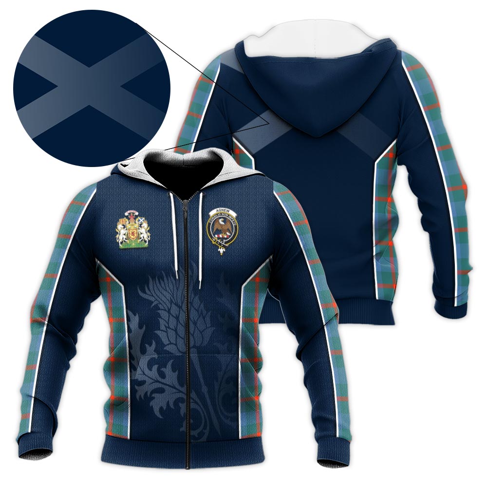 Tartan Vibes Clothing Agnew Ancient Tartan Knitted Hoodie with Family Crest and Scottish Thistle Vibes Sport Style