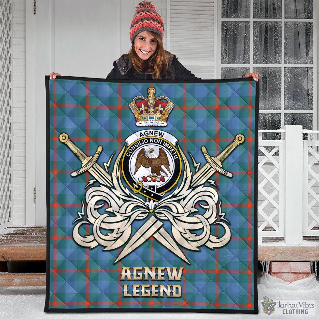 Tartan Vibes Clothing Agnew Ancient Tartan Quilt with Clan Crest and the Golden Sword of Courageous Legacy