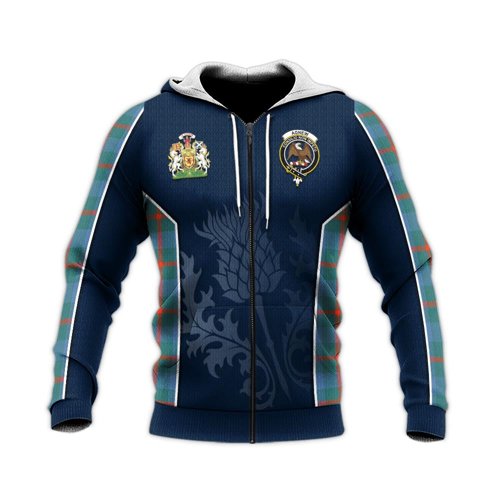 Tartan Vibes Clothing Agnew Ancient Tartan Knitted Hoodie with Family Crest and Scottish Thistle Vibes Sport Style