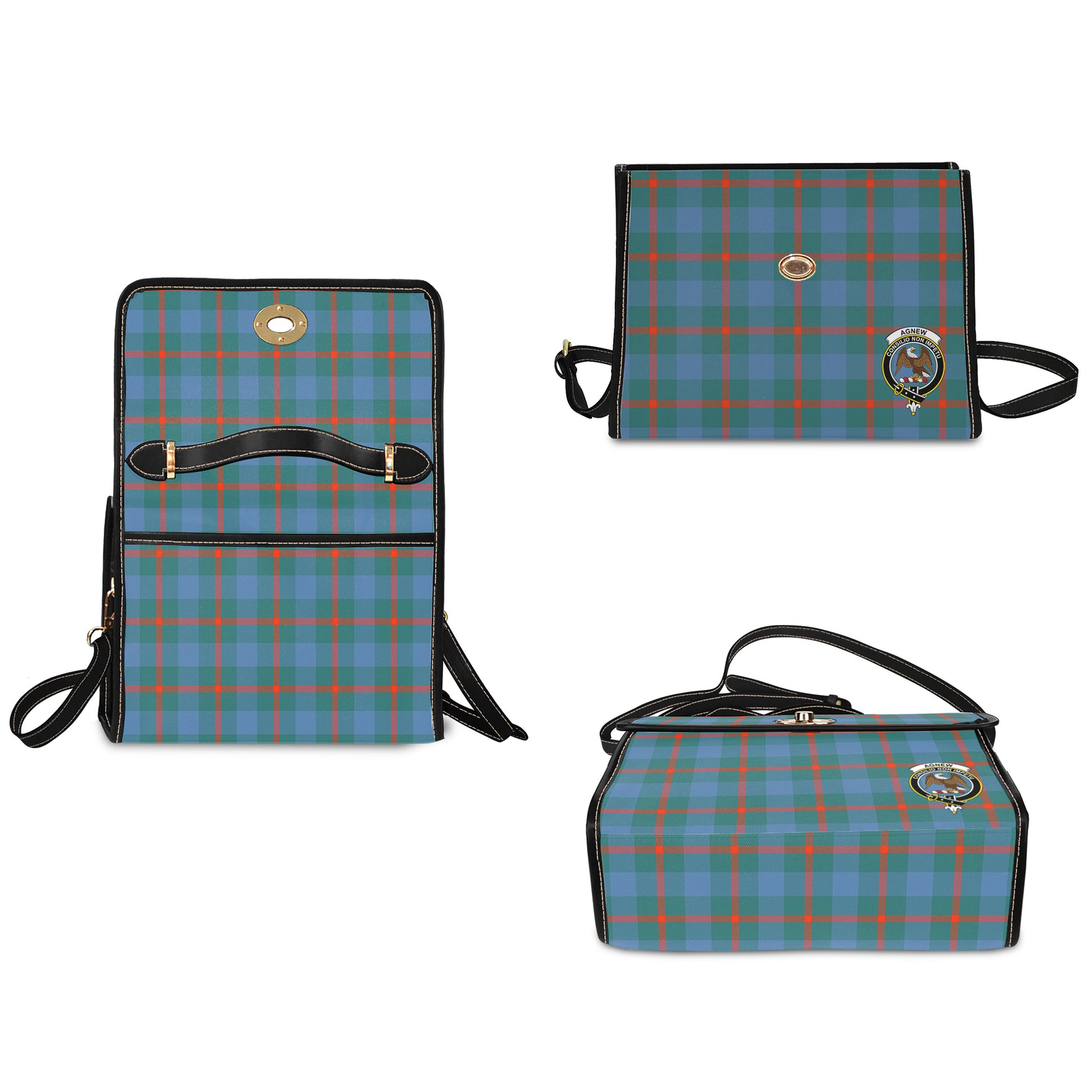 Agnew Ancient Tartan Leather Strap Waterproof Canvas Bag with Family Crest - Tartanvibesclothing