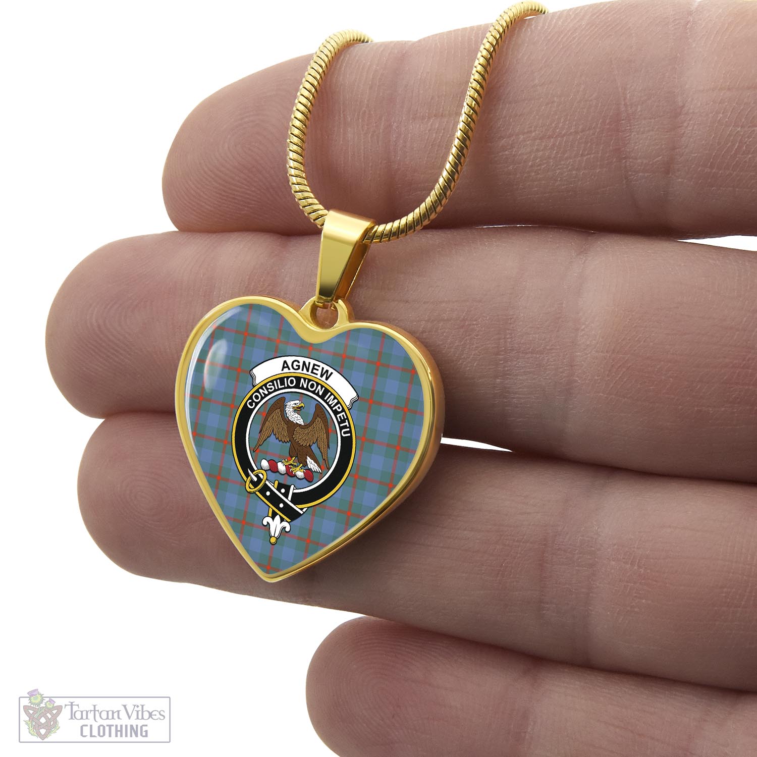 Tartan Vibes Clothing Agnew Ancient Tartan Heart Necklace with Family Crest