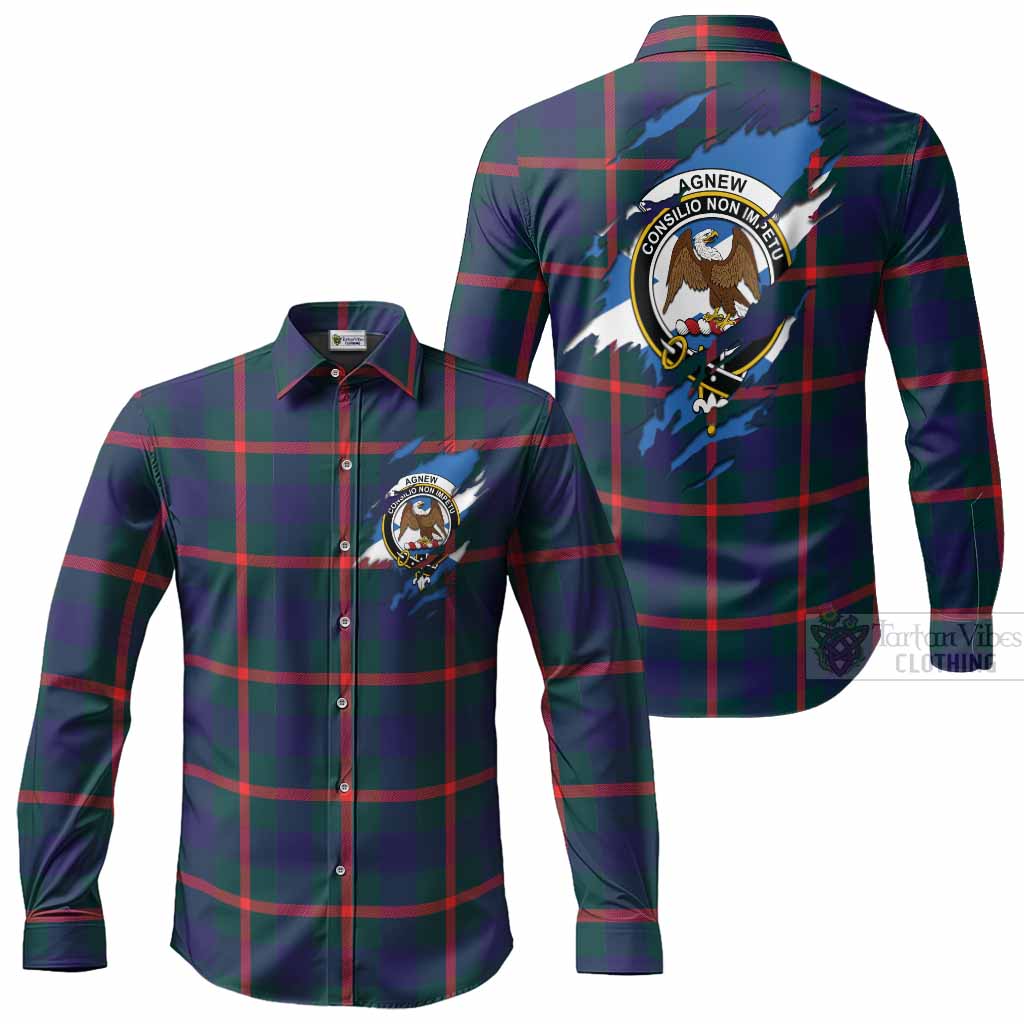 Agnew Clan Crest In Me Tartan Long Sleeve Button Shirts Scotland Flag Style