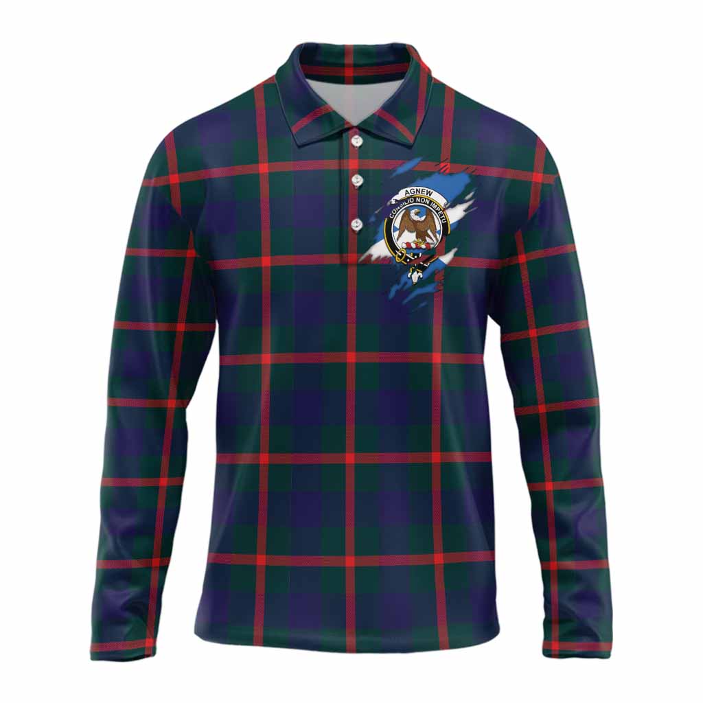 Agnew Clan Crest In Me Tartan Long Sleeve Polo Shirt Scotland Flag Style