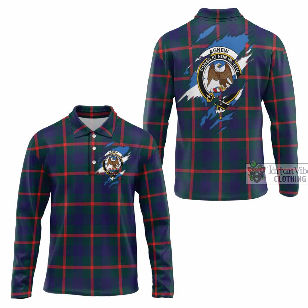 Agnew Clan Crest In Me Tartan Long Sleeve Polo Shirt Scotland Flag Style