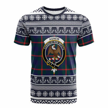 Agnew Clan Tartan Christmas Cotton T-shirt with Family Crest