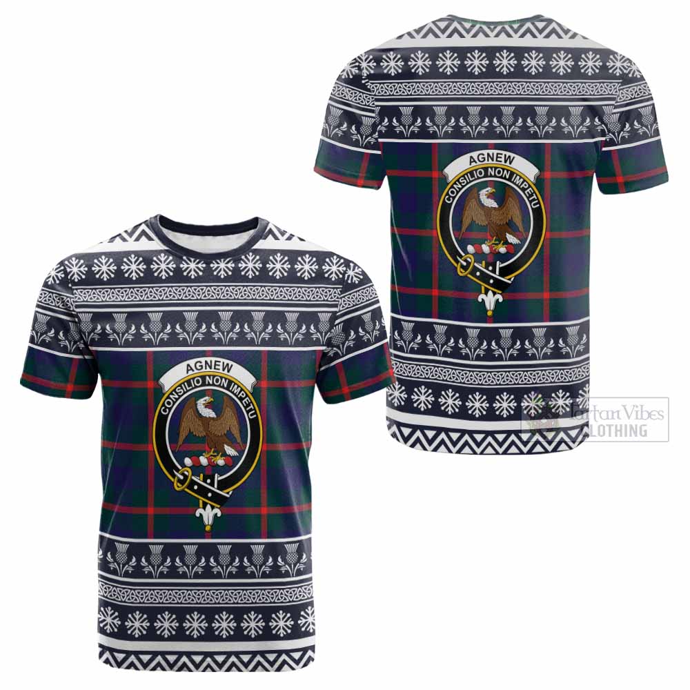Agnew Clan Tartan Christmas Cotton T-shirt with Family Crest - Tartan Vibes Clothing