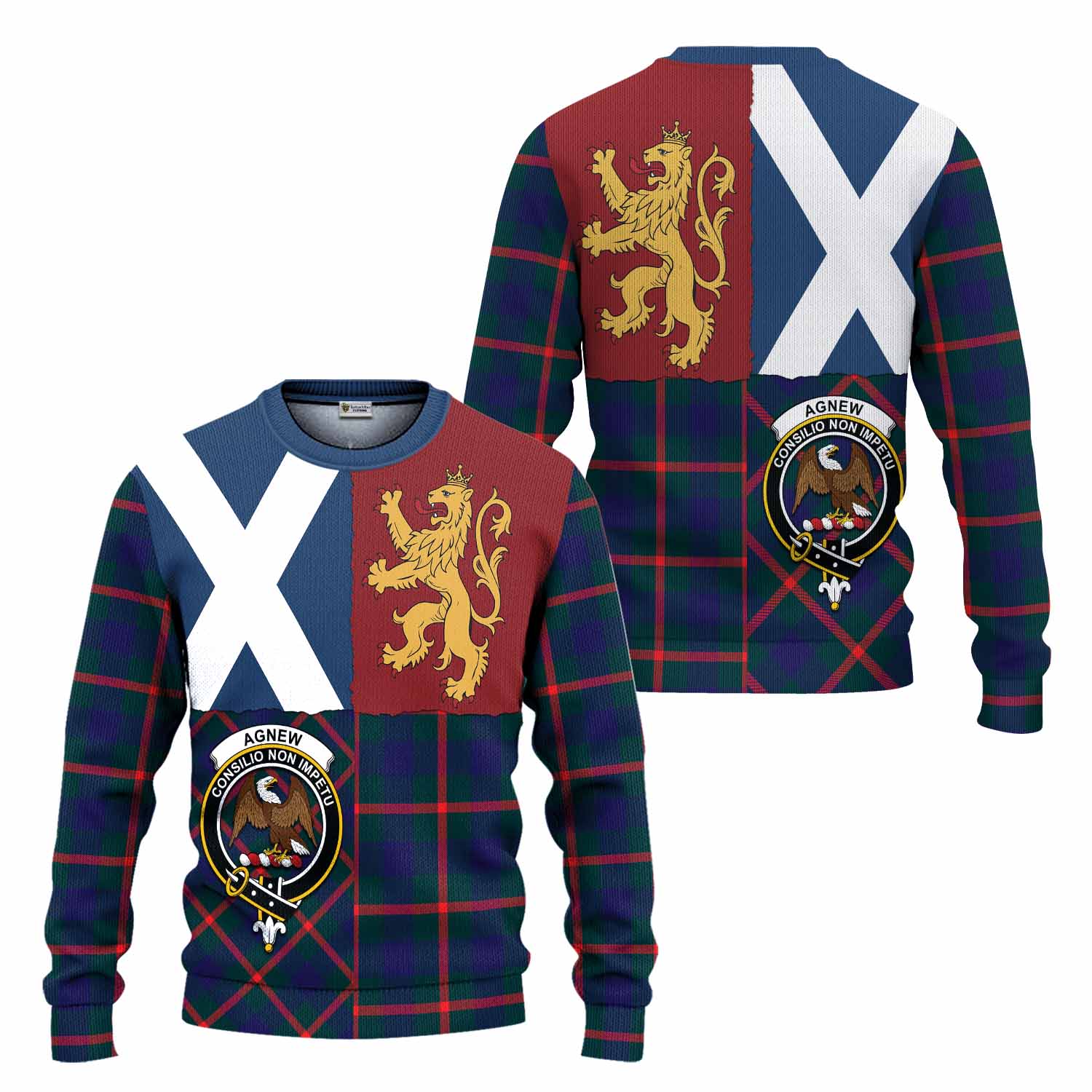 Agnew Crest Tartan Knitted Sweater with Lion Rampant Saltire Style