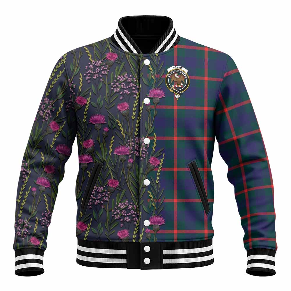 Agnew Family Crest Tartan Baseball Jacket Scottish Thistle Flower Pattern Half Style - Tartan Vibes Clothing