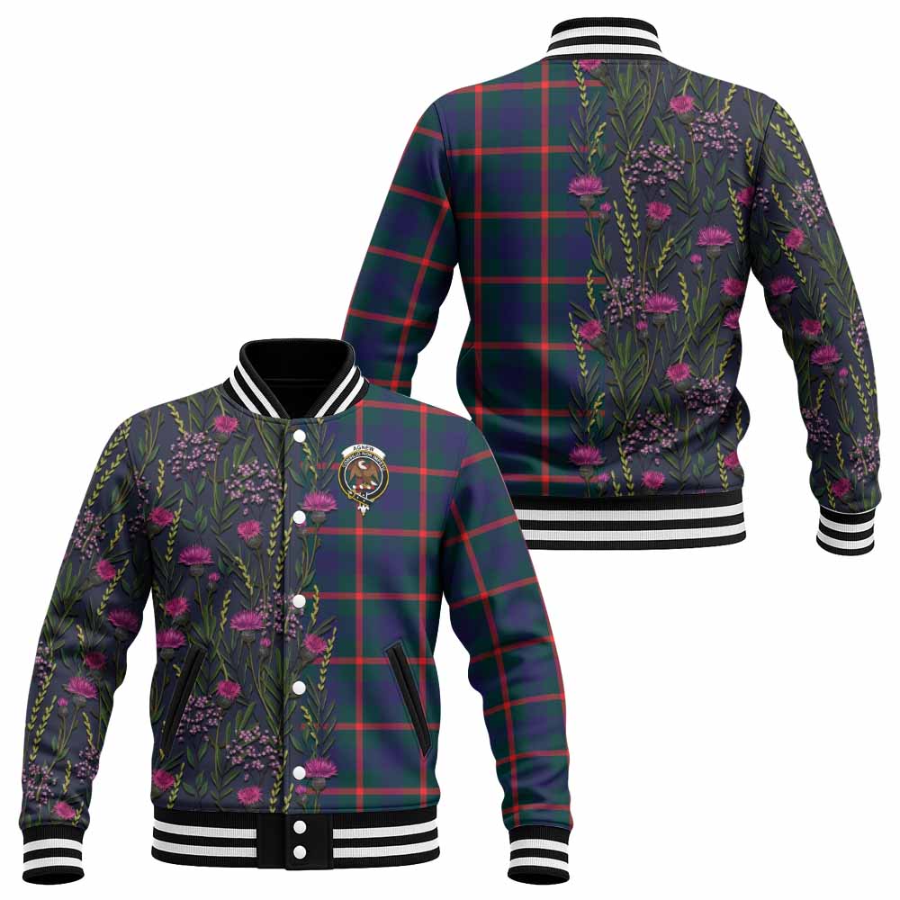 Agnew Family Crest Tartan Baseball Jacket Scottish Thistle Flower Pattern Half Style - Tartan Vibes Clothing