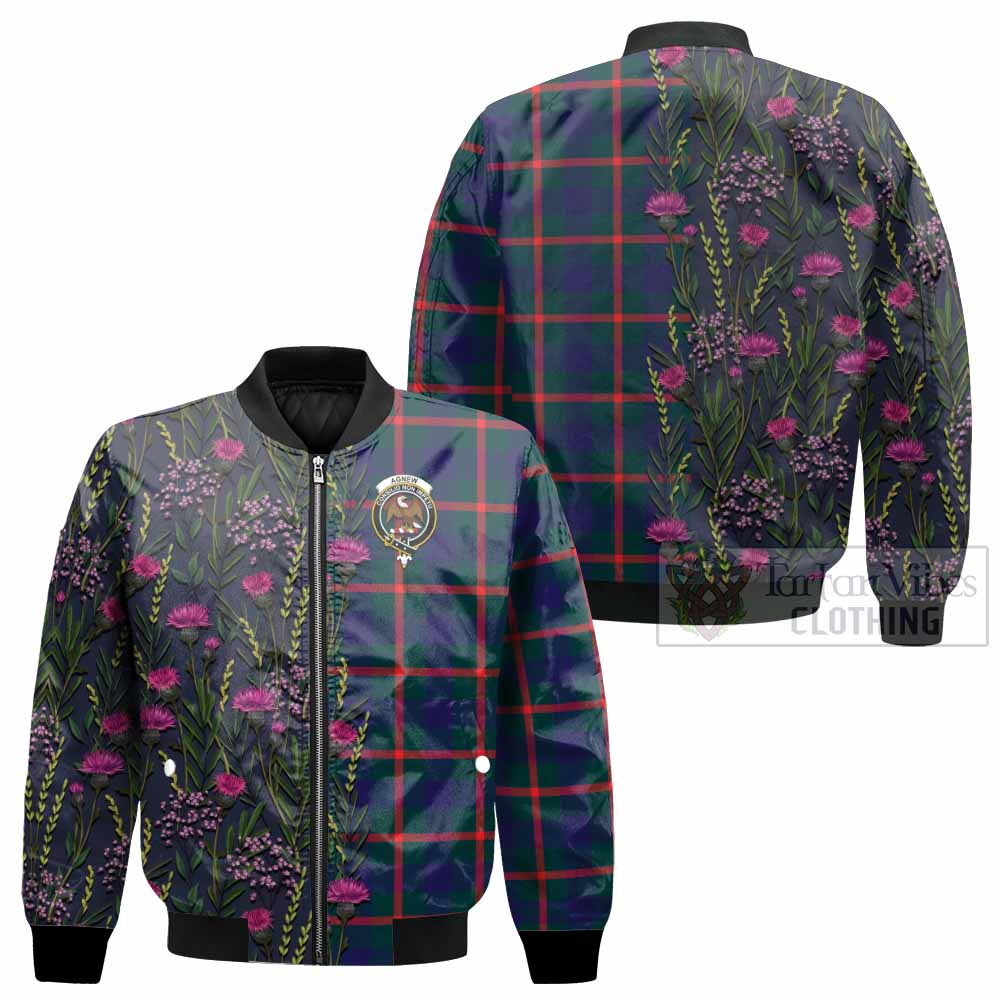 Agnew Family Crest Tartan Bomber Jacket Scottish Thistle Flower Pattern Half Style - Tartan Vibes Clothing