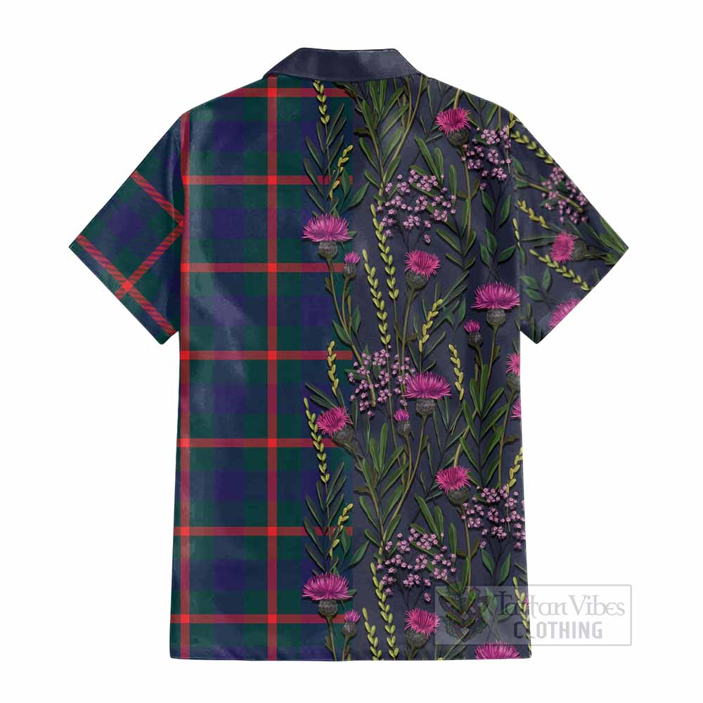 Agnew Family Crest Tartan Cotton Hawaiian Shirt Scottish Thistle Flower Pattern Half Style - Tartan Vibes Clothing