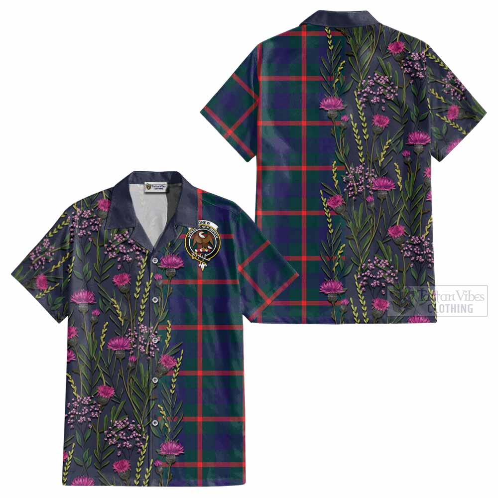 Agnew Family Crest Tartan Cotton Hawaiian Shirt Scottish Thistle Flower Pattern Half Style - Tartan Vibes Clothing