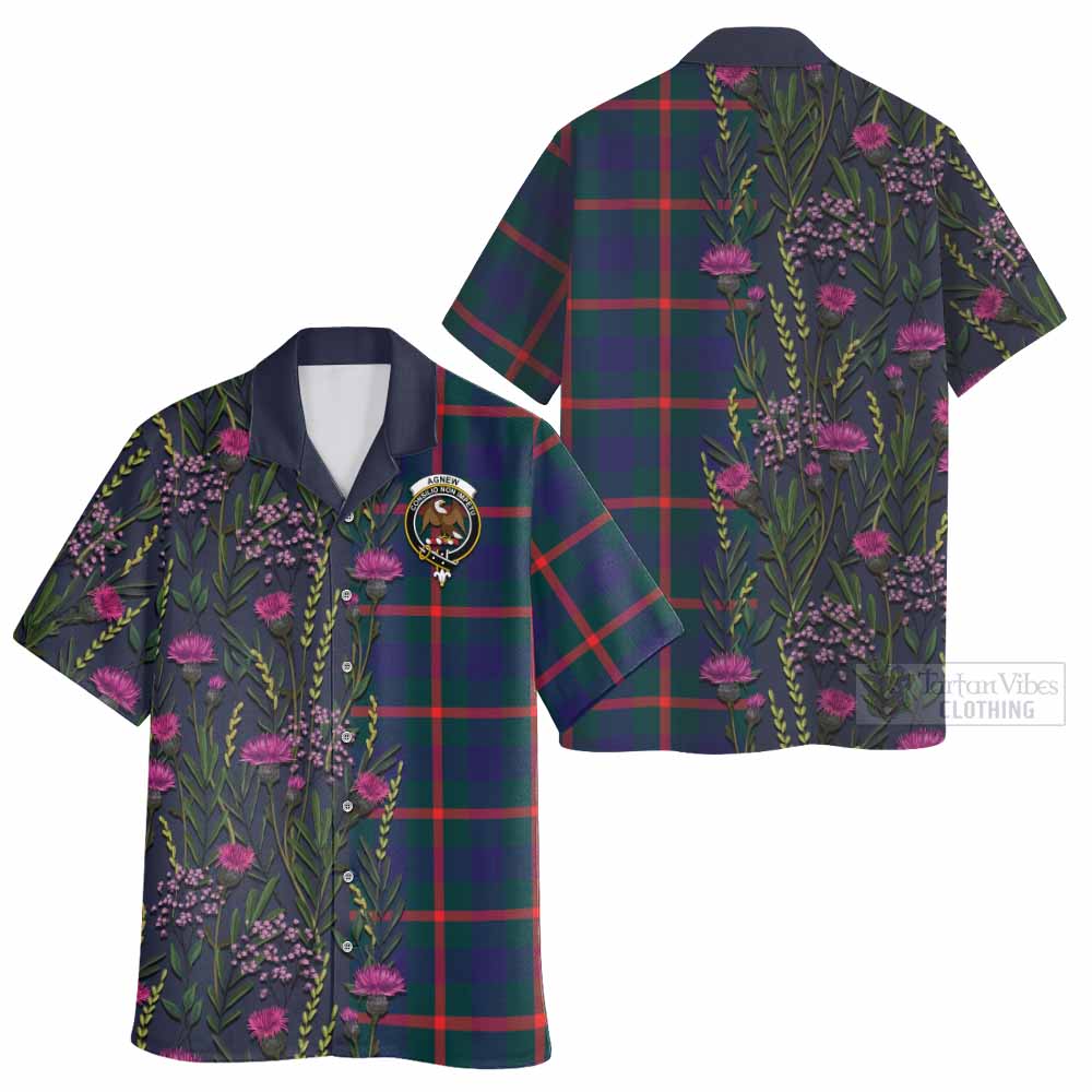 Agnew Family Crest Tartan Hawaiian Shirt Scottish Thistle Flower Pattern Half Style - Tartan Vibes Clothing