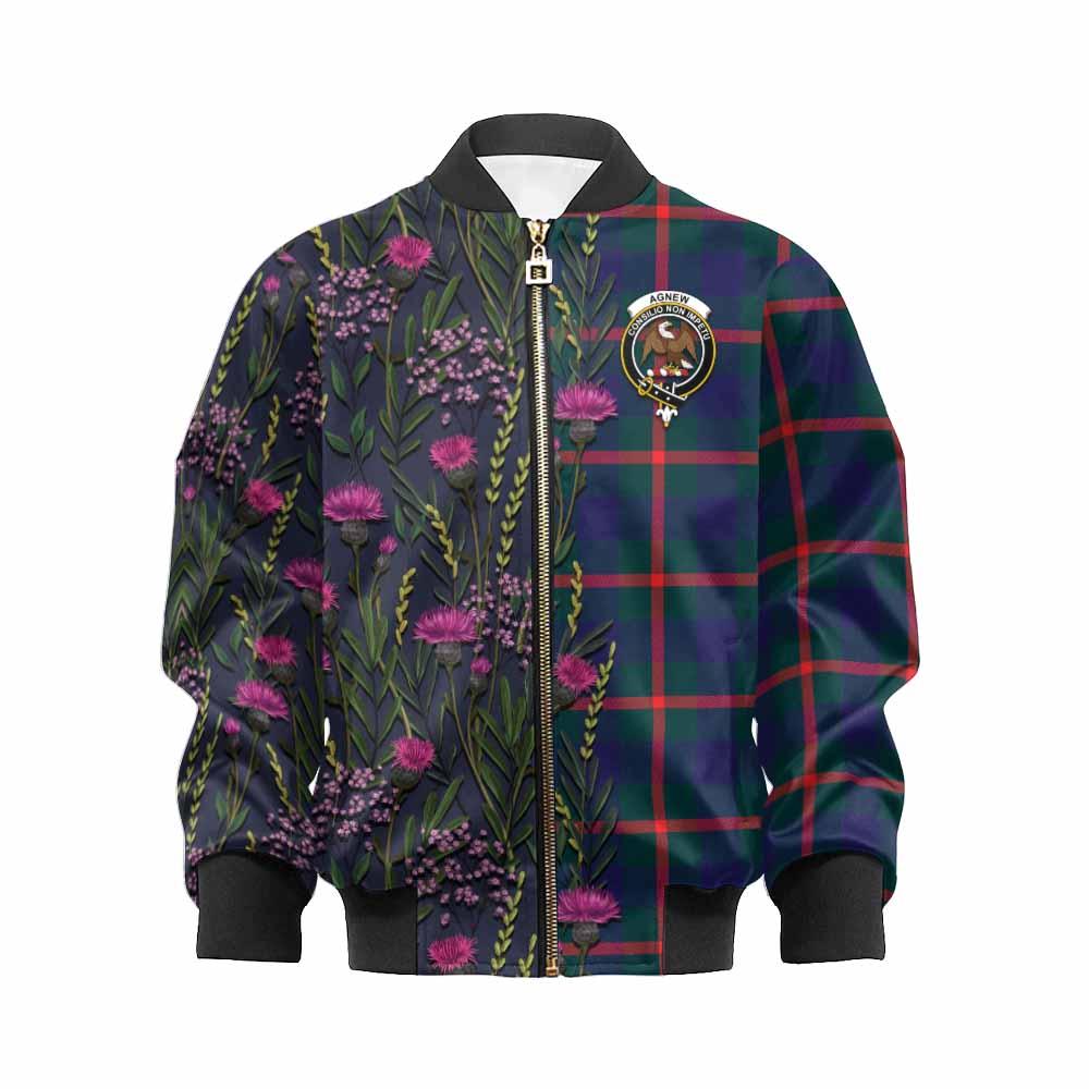 Agnew Family Crest Tartan Kid Bomber Jacket Scottish Thistle Flower Pattern Half Style - Tartan Vibes Clothing