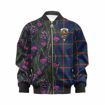 Agnew Family Crest Tartan Kid Bomber Jacket Scottish Thistle Flower Pattern Half Style - Tartan Vibes Clothing