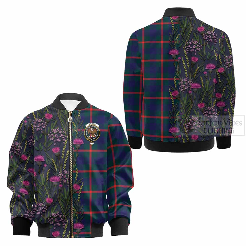Agnew Family Crest Tartan Kid Bomber Jacket Scottish Thistle Flower Pattern Half Style - Tartan Vibes Clothing