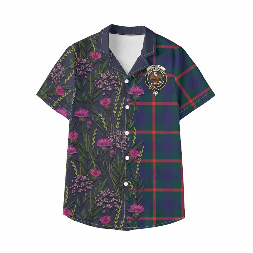 Agnew Family Crest Tartan Kid Hawaiian Shirt Scottish Thistle Flower Pattern Half Style - Tartan Vibes Clothing