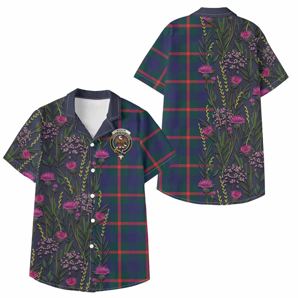 Agnew Family Crest Tartan Kid Hawaiian Shirt Scottish Thistle Flower Pattern Half Style - Tartan Vibes Clothing