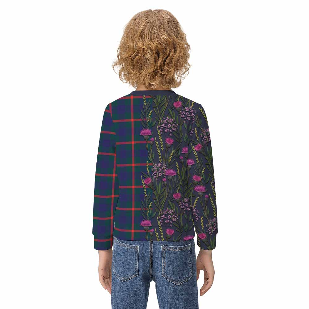 Agnew Family Crest Tartan Kid Knitted Sweatshirt Scottish Thistle Flower Pattern Half Style - Tartan Vibes Clothing