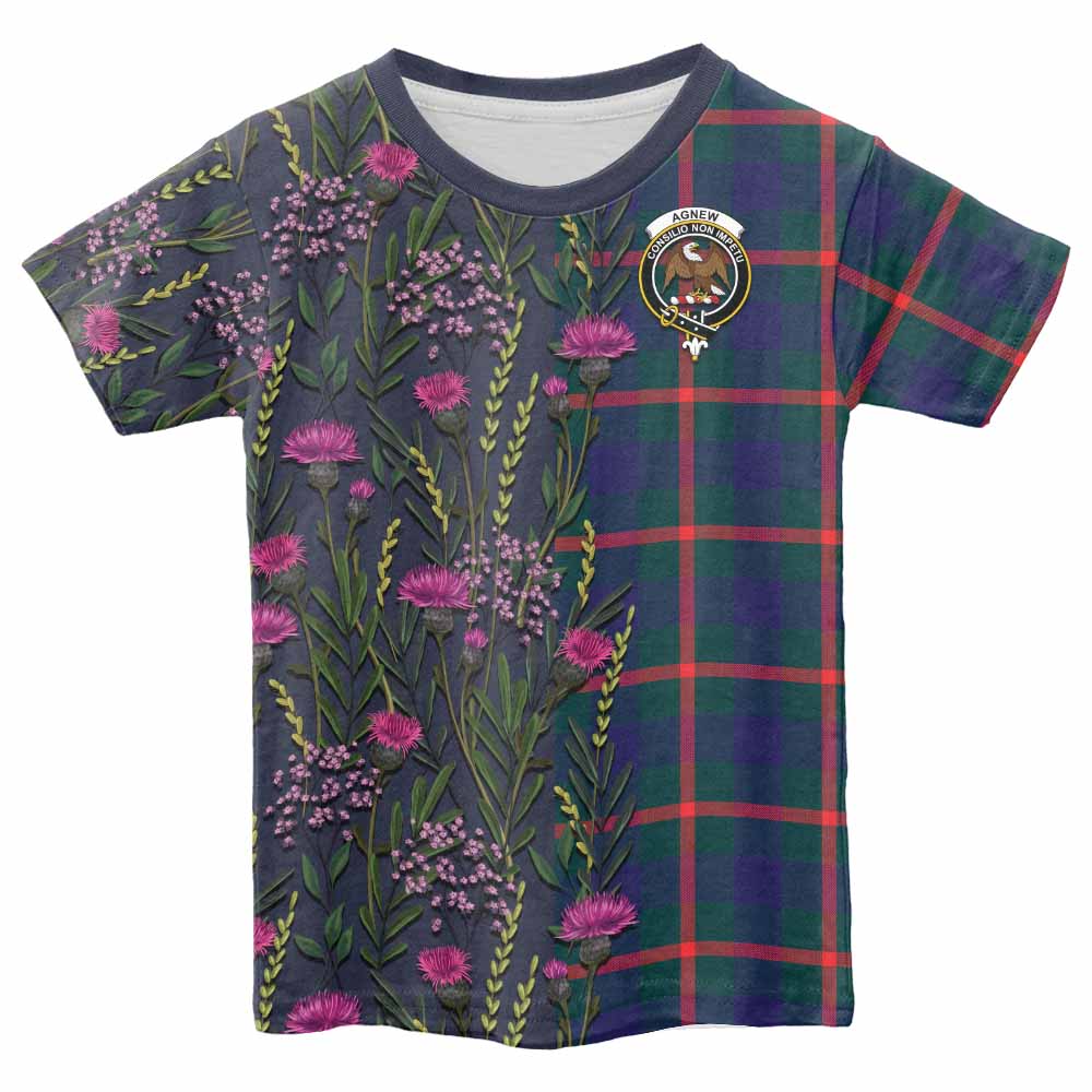 Agnew Family Crest Tartan Kid T-shirt Scottish Thistle Flower Pattern Half Style - Tartan Vibes Clothing