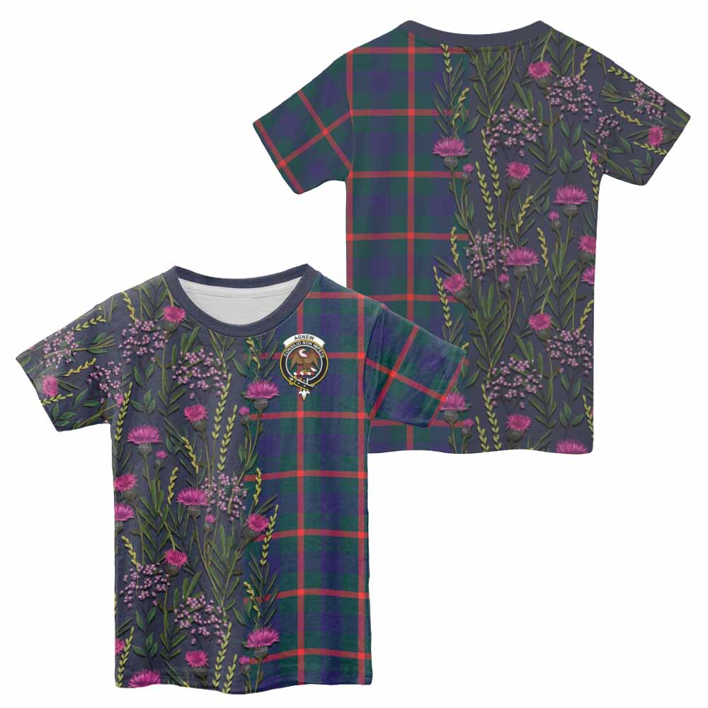 Agnew Family Crest Tartan Kid T-shirt Scottish Thistle Flower Pattern Half Style - Tartan Vibes Clothing
