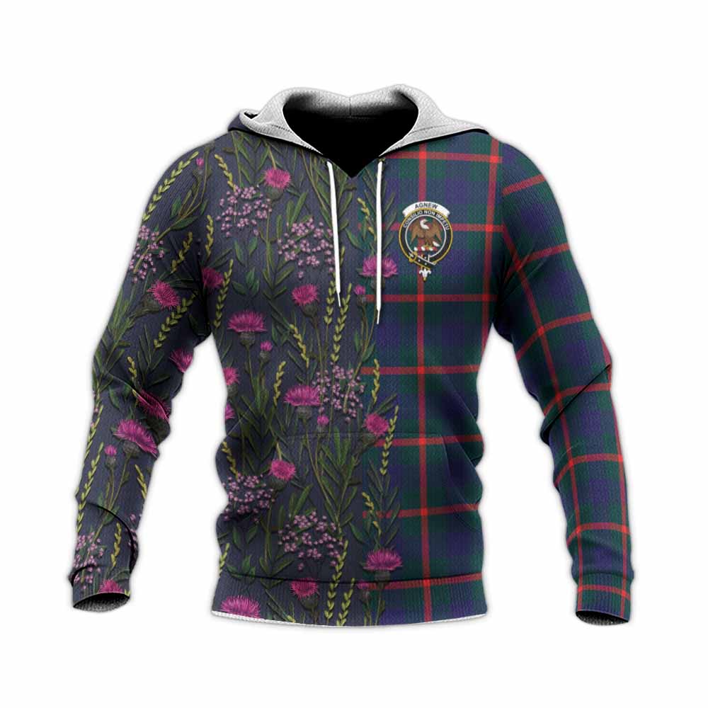 Agnew Family Crest Tartan Knitted Hoodie Scottish Thistle Flower Pattern Half Style - Tartan Vibes Clothing