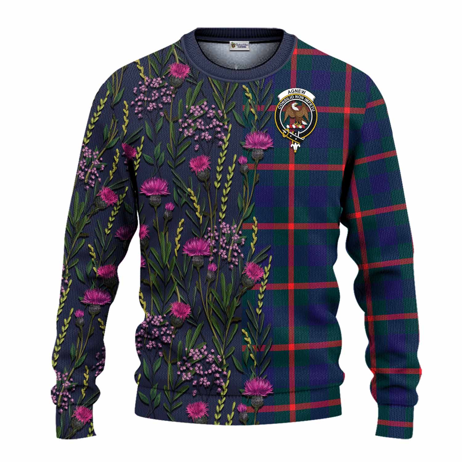 Agnew Family Crest Tartan Knitted Sweater Scottish Thistle Flower Pattern Half Style - Tartan Vibes Clothing