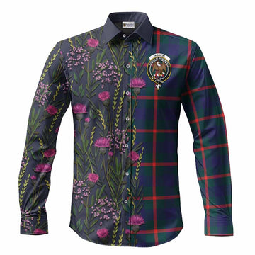 Agnew Family Crest Tartan Long Sleeve Button Shirts Scottish Thistle Flower Pattern Half Style