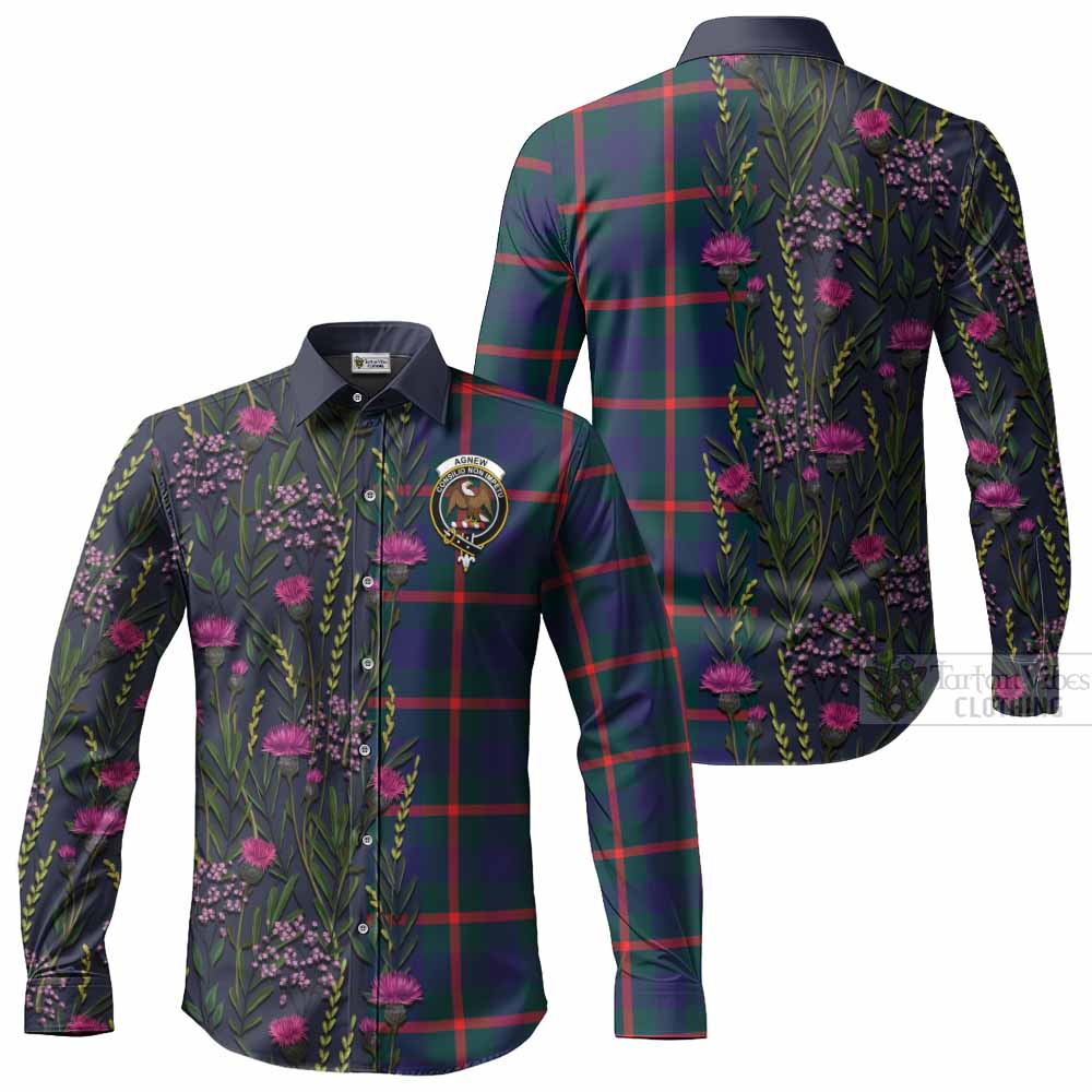 Agnew Family Crest Tartan Long Sleeve Button Shirts Scottish Thistle Flower Pattern Half Style - Tartan Vibes Clothing