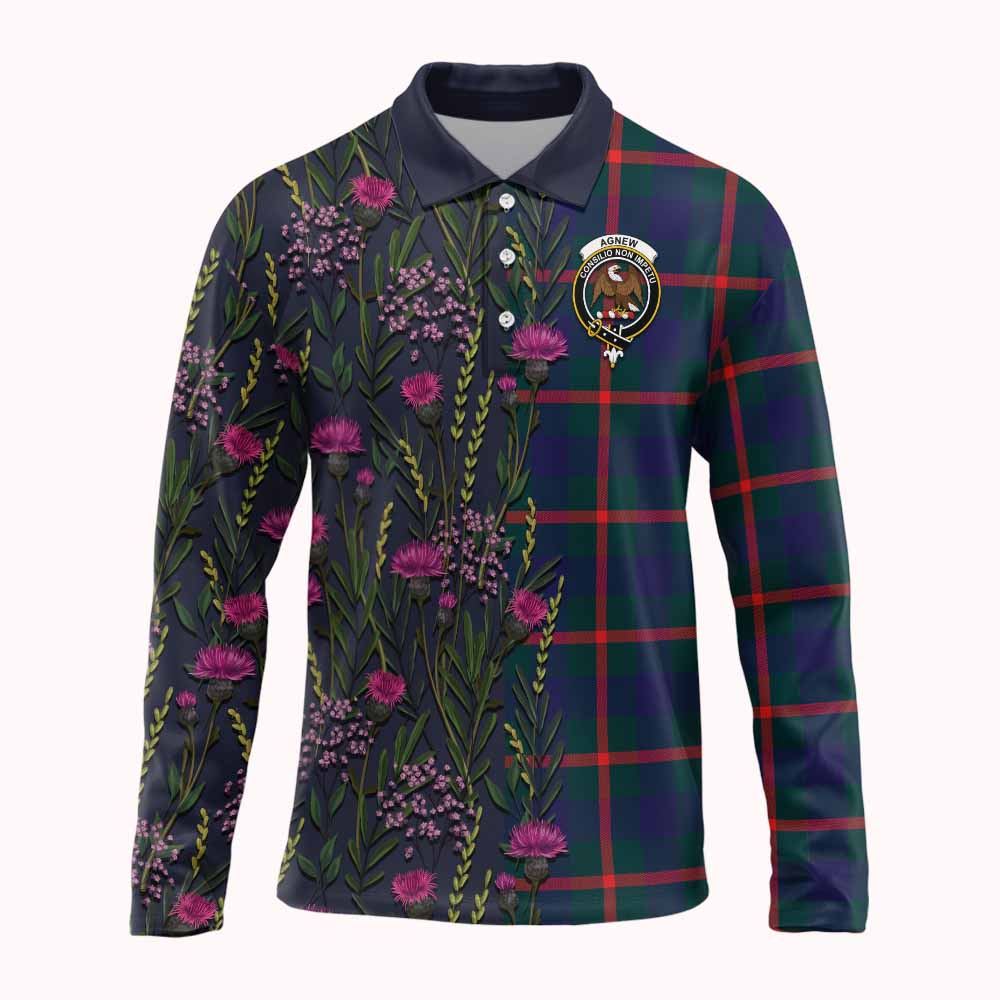 Agnew Family Crest Tartan Long Sleeve Polo Shirt Scottish Thistle Flower Pattern Half Style - Tartan Vibes Clothing