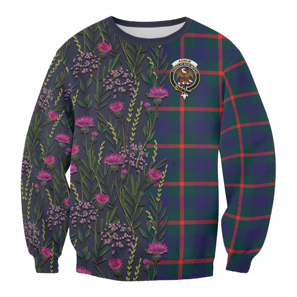 Agnew Family Crest Tartan Sweatshirt Scottish Thistle Flower Pattern Half Style - Tartan Vibes Clothing