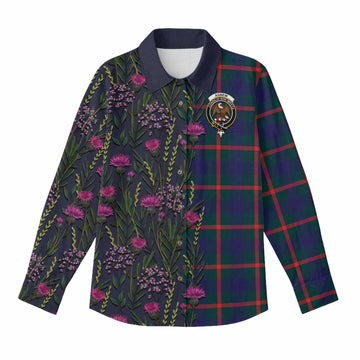 Agnew Family Crest Tartan Women Casual Shirt Scottish Thistle Flower Pattern Half Style