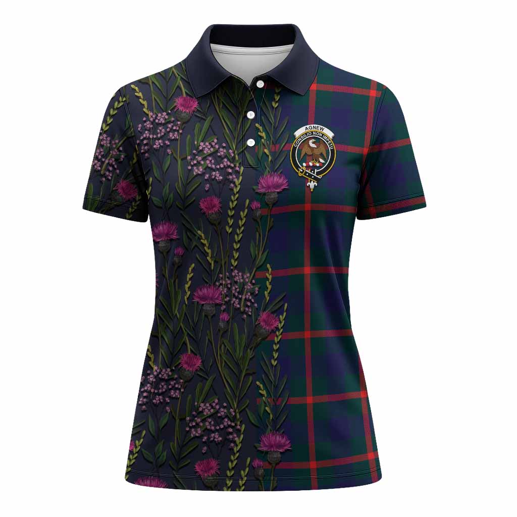 Agnew Family Crest Tartan Women Polo Shirt Scottish Thistle Flower Pattern Half Style - Tartan Vibes Clothing