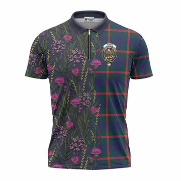 Agnew Family Crest Tartan Zipper Polo Shirt Scottish Thistle Flower Pattern Half Style