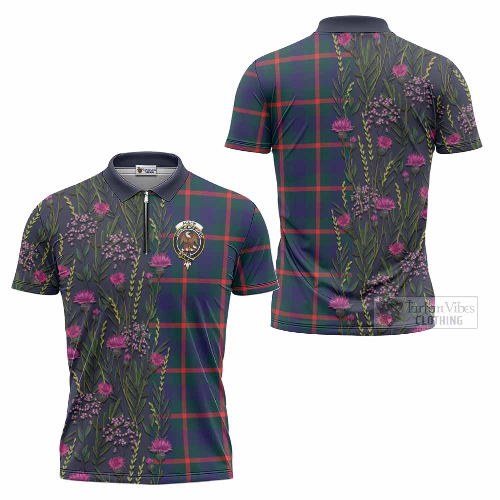 Agnew Family Crest Tartan Zipper Polo Shirt Scottish Thistle Flower Pattern Half Style - Tartan Vibes Clothing